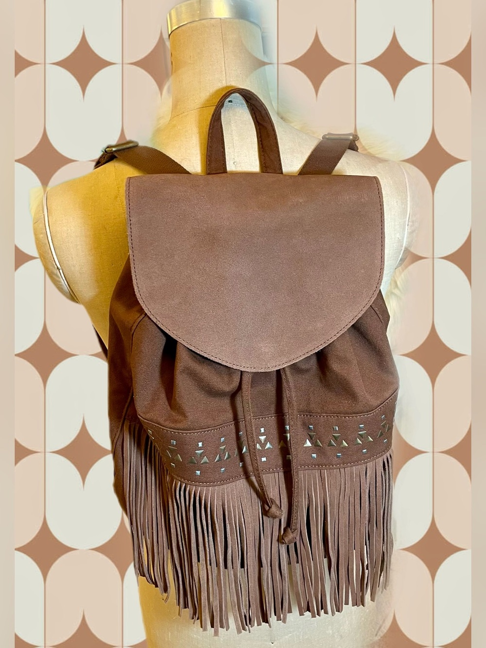 Suede Flap & Fringe - American Eagle Outfitters - Brown Cotton Backpack. NWOT